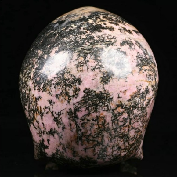 Huge 5.0" Pink & Black Rhodonite Carved Crystal Skull, Realistic - Picture 6 of 6
